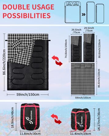 Сплячий мішок Outdoor Sportneer для двох осіб: спальний мішок на 3 сезони, 220x150 см, 2.75 кг з 2 подушками, дорослий ковдровий спальний мішок для сім'ї (без фланелевої підкладки) (Чорний)