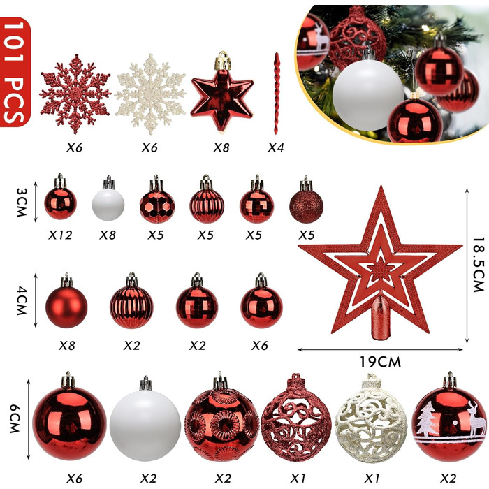 Набір прикрас на ялинку 101 шт., новорічний декор, пластикові кулі для ялинки, кулі на ялинку, зірка на верхівку, матові, глянцеві, багаторазові ялинкові кулі, 3, 4 та 6 см (червоні)