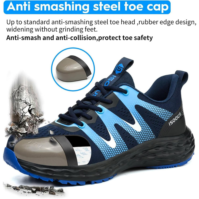 Черевики робочі ISOOUS для чоловіків та жінок. Безпекові черевики з металевим капаком, антиковзаючі, дихаючі, спортивного стилю (47 EU, Синій)