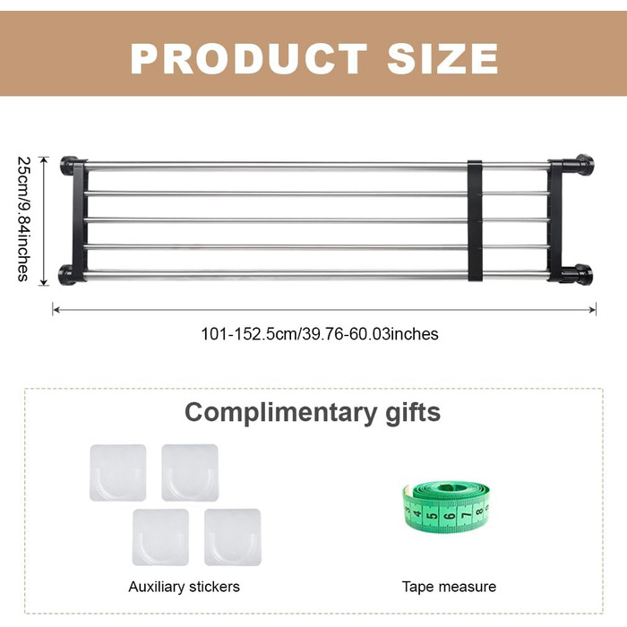 Hershii Extendable Closet Shelf, Expandable Wardrobe Rack, Adjustable Closet Organizer, Pull-Out Closet Divider, Clothes Rod, Closet Metal Storage, for Closet, Kitchen, Bathroom, Black (101-152.5cm/39.76-60.04inches)