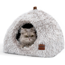 Cat Bed Washable Cat Sleeping Place for Cats Cat Cave Plush Pet Cat Head Pillow Cat House Cat Cushion Fluffy Kitten Puppy Snuggle Bed Pet Bed White (light brown, L)
