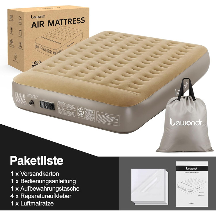 Надувне ліжко Lewondr на 2 особи з вбудованим насосом, комфортна повітряна матрац, самонадувна ліжко для кемпінгу, дому, гостей, подорожей (300 кг MAX), (203x152x33 см, Хакі)