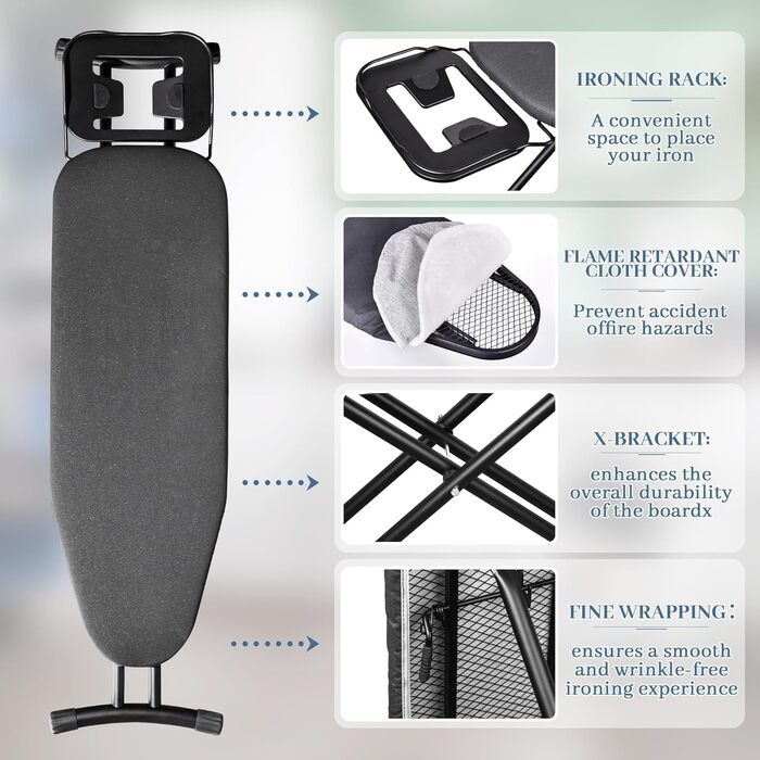 BBTEQEKN Height-Adjustable Deluxe Ironing Board, size 140 x 38 cm, foldable extra-wide ironing board with hook, ironing board made of thick steel suitable for most steam irons (Black)
