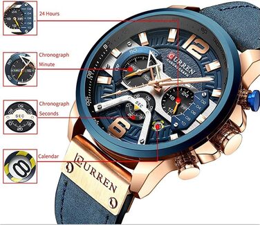 Чоловічий годинник CURREN, кварц, шкіряний ремінець, хронограф, стильний аксесуар, аналоговий годинник, подарунок для тата, друга, блакитний, кварцовий годинник, хронограф
