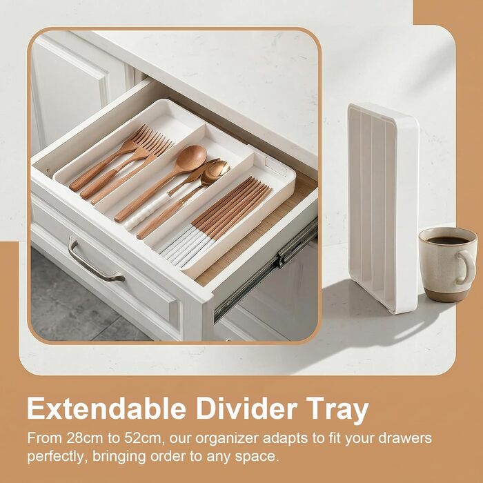 Органайзер для столових приборів в шухляду, розсувний роздільник для кухні, білий
