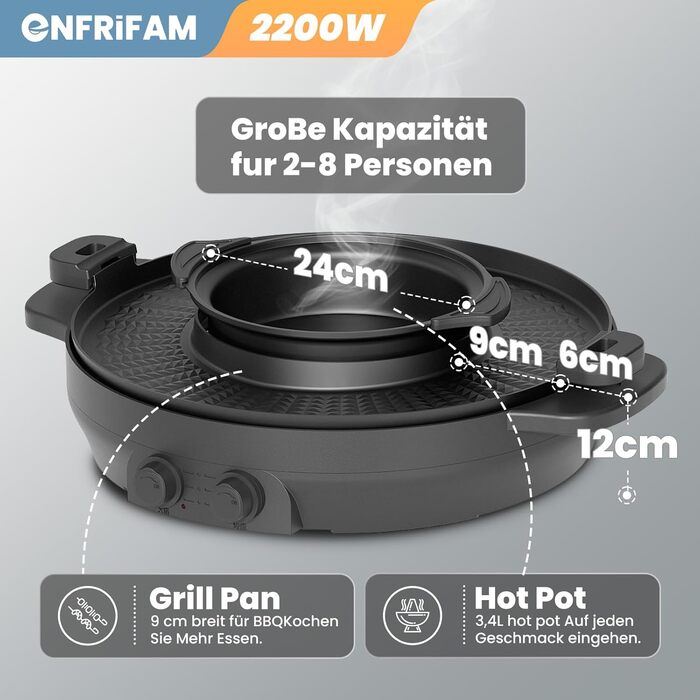 Електричний мультигриль ENFRIFAM 2200 Вт 2-в-1 — гриль та хот-пот, стіл-гриль і суповий казан, знімний, бездимний, розділений шибу-гриль для 2-8 осіб, легке очищення