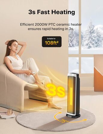 Електрична теплова гармата PELONIS 2000W з термостатом та таймером, керамічна, портативна, захист від перегріву, чорна