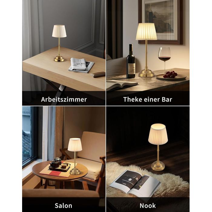 Світлодіодна настільна лампа бездротова, димована вінтажна нічна лампа, ретро акумуляторна лампа 4000mAh, для дому, бару, вітальні (Золото + Бежевий абажур)
