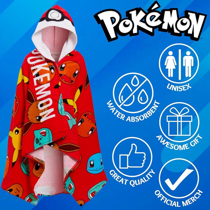 Pokemon Hooded Towel, 100% Cotton, Kids Poncho, Pokeball, Pikachu, Beach Towel, Bath Towel, Changing Towel, Wrap Towel