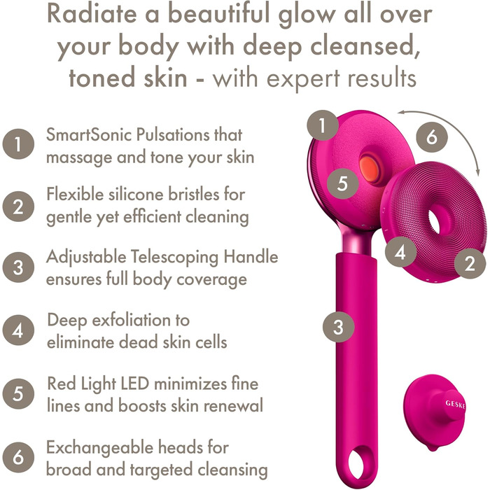 GESKE Sonic LED Full-Body Brush: Щітка для тіла з LED, 9-в-1 | Інтенсивне пілінг, масаж, глибоке очищення | SmartSonic, силіконові нопки, Magenta