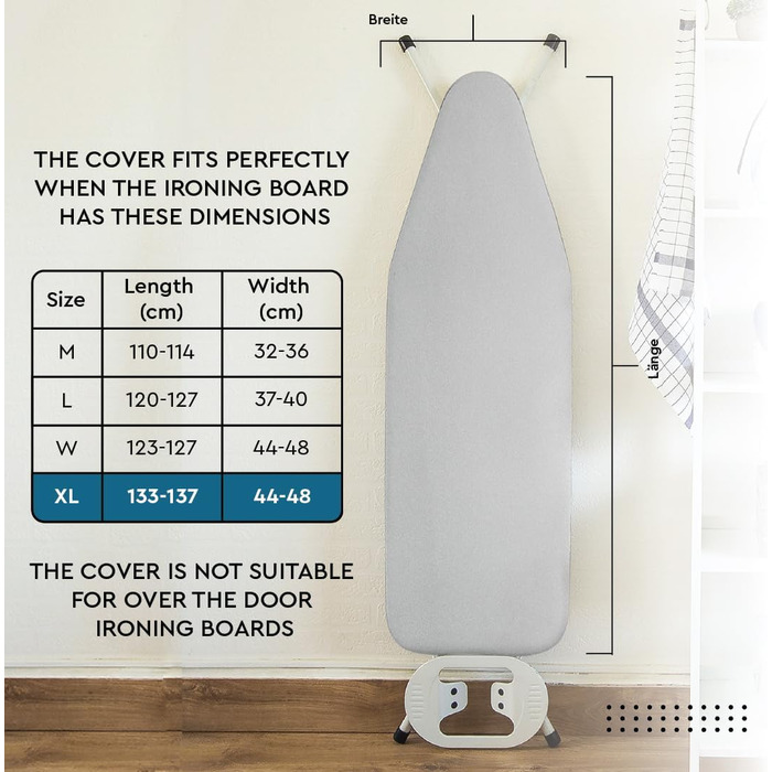 Глянцевий силіконовий чохол для прасувальної дошки Encasa XO, 135x45 см, з товстим шаром піни та фетру, стійкий до нагару та плям, XL сріблястий, люкс