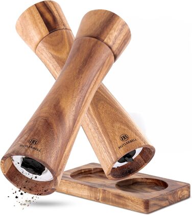 Набір з 2 мельниць для солі та перцю з дерева акації з регульованим керамічним жорном | Мельниці для спецій, преміум якість