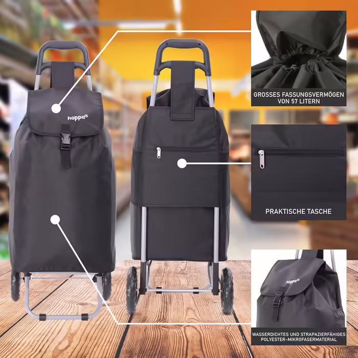 Hoppa 57L Stable Shopping Trolley, Foldable Shopping Trolley, Multifunctional Shopping Cart with Removable Bag, Rolling Shopping Cart, Wagon (Black)