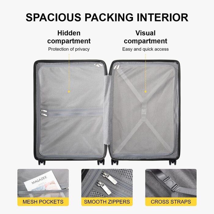 Чемодан-тележка LEVEL8, валіза на коліщатках, валіза з жорстким корпусом, 4 колеса, ручна валіза, TSA, 100% полікарбонат, мікро-діамантова текстура, великий (66см, 65л, чорний) A Schwarz M (66x44x26.5CM,65л)