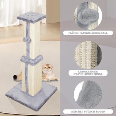 Kratzbaum, 31.5 inches (80cm) tall Scratching Post, Cat Tree, Scratching Log for Medium and Small Cats, Natural Sisal Scratching Post with Interactive Plush Ball, Beige
