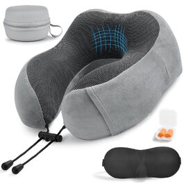 Подушка для шиї у літак: Memory Foam, регульована, компактна, з чохлом для зберігання, навушниками та маскою для сну (сіра)