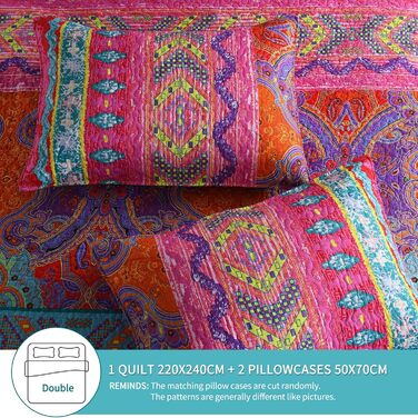 Qucover Boho Bedspread 220x240cm Duvet Cover for Double Bed Quilted Blanket with 2 Pillows Indian Style Boho-3 220x240cm+50x75cm x2