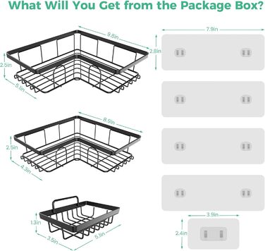 Дзеркальна поличка для душу без свердління, 2 шт. Органайзер для ванної кімнати з 8 гачками, швидковисихаюча поличка для душу, велика місткість, міцна підставка для шампуню (Чорний). 2 шт. Дзеркальна поличка для душу прямокутна (3 шт. куткова поличка для 