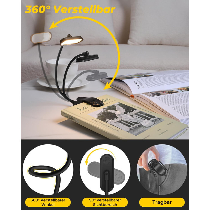 Світлодіодна лампа для читання Bonsery з USB-зарядкою, 16 LED, 3 режими температури кольору та регульована яскравість, гнучка настільна лампа для читання в ліжку, чорна