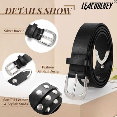 LEACOOLKEY Жіночий шкіряний ремінь для джинсів, пояс, шкіряний ремінь у стилі панк з пряжками, ремінь з шипами, розмір M (82-91 см), розмір XXL (113-122 см)