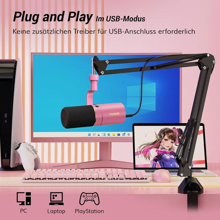 Мікрофон TONOR TD510+ для стрімінгу та запису, XLR/USB, рожевий