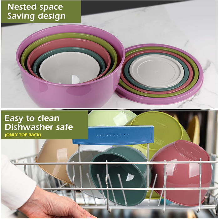 Набір салатниць з кришкою, міски для перемішування з пластику, набір вкладишів для кухні, великі салатниці, сервіровочні миски для змішування та подачі, BPA-free, фіолетовий