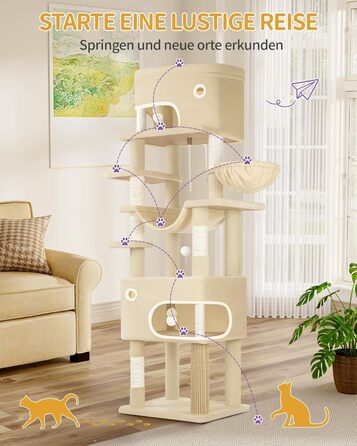 Драбина-кіготь для котів Hzuaneri, 203 см, з великою платформою, 2 печери, 7 кігтеточок, помпони, лежанки, гамак, для всіх порід котів, бежевий MS20318YL XXL (60 x 50 x 203 см)