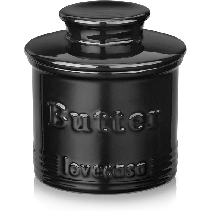 Porcelain Butter Top Dish for Countertop, LOVECASA Butter Holder with Water Line, French Butter Dish with Lid, Ceramic Butter Container, No More Hard Butter, Perfect Spreadable Consistency (black)