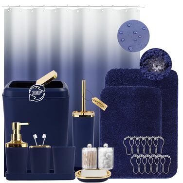 Набір аксесуарів для ванної кімнати темно-зелений (24 шт.) з душовою завісою та килимками, Mülleimer, тримач для зубних щіток, попільничка, дозатор мила, піднос, мильниця, щітка для унітазу, тримач для ватних паличок