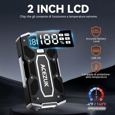 ACEZUK Пусковий пристрій для автомобіля та мотоцикла 7000A з LED-дисплеєм, QC3.0, для бензину/дизеля