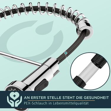 Змішувач кухонний FORIOUS висувний з душем, однорідний, 360° обертання, хром, з витяжкою