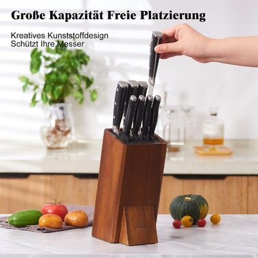 ENOKING Knife Block without Knives, Acacia Wood Knife Block, Knife Holder with Removable Plastic Bristles, Universal Wood Knife Block for the Kitchen Counter