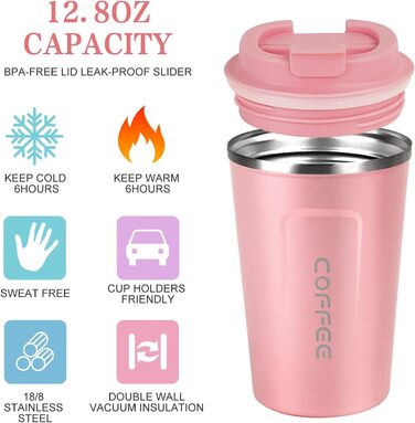 Термокружка Flintronic 510 мл з подвійними стінками, з кришкою, не протікає, для кави та чаю (рожевий)