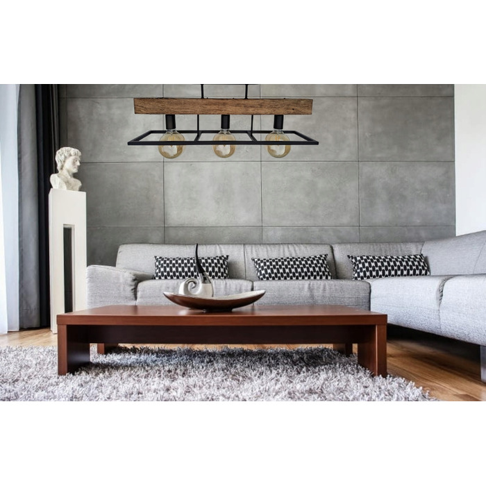 Люстра-ліхтар у стилі лофт з масивною дерев'яною балкою, дерево та метал