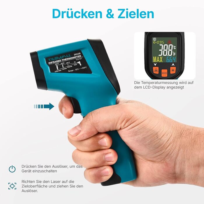 Інфрачервоний термометр Tilswall IR з лазерним цільовим прицілом (-50°C до 800°C) для приготування їжі, барбекю, піци, морозильних камер та промисловості