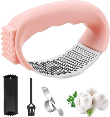 Пресс для часнику та імбиру з важелем, набір з очищувачем для апельсинів, рожевий, нержавіюча сталь