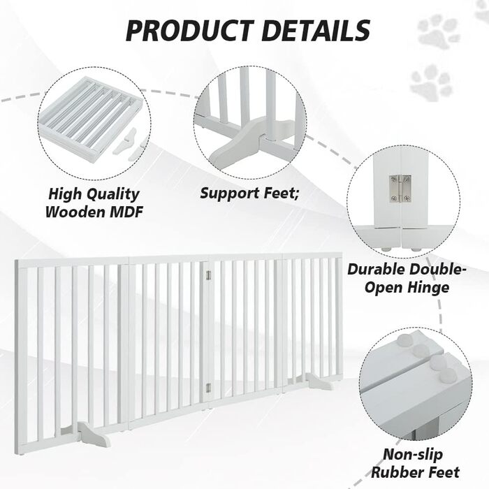 Захисне загородження для собак, дерев'яне, без свердління, 4 панелі, біле, 183x60 см