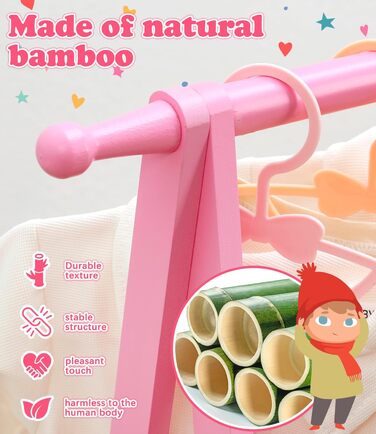 Relquorax Bamboo Children's Clothes Rack with Storage Bag and Clothes Rail, Dress-up Stand, Small Wardrobe Rack, for Costumes in Children's Rooms (Pink)