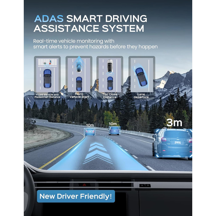 Відеореєстратор TECXERLLON 4K з ADAS, GPS, WDR, G-сенсором та нічним баченням, 24/7 парковка, 128GB карта в комплекті