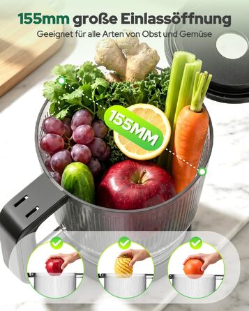 Повільна соковижималка 3-в-1 Slow Juicer з XL-завантажувальним отвором 155 мм, сіра
