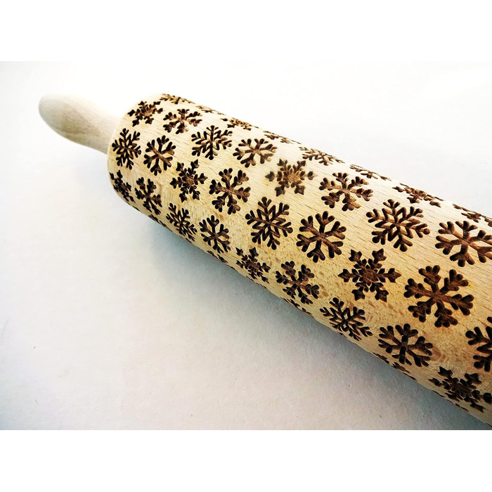 Snowflake Rolling Pin with Pattern Christmas Baking - Dough Roller Wood for DIY Christmas Cookies and Ceramics - Engraved Cookie Roller with Motif - 3D Cookie Roller by Algis Crafts
