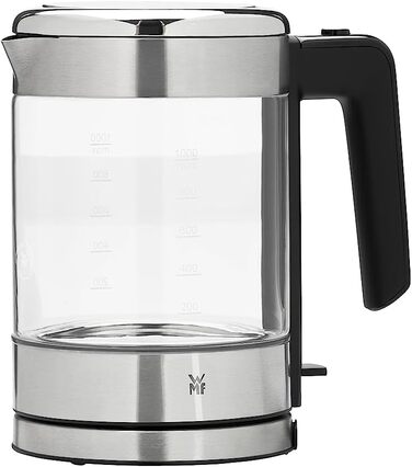 WMF Kitchenminis Kettle Glass 1 Liter, Cordless Small Kettle, Water Level Indicator, Scale Filter, Automatic Shut-Off, 1900 Watts, Cromargan Matt Single
