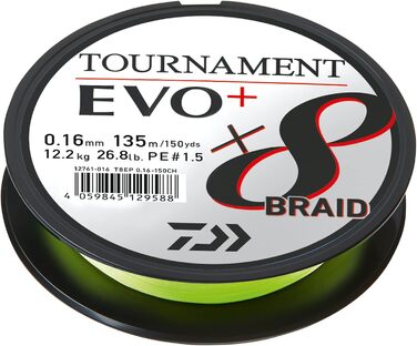 Плетена рибальська волосінь Daiwa Tournament x8 EVO+ 270 м, жовто-зелена