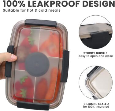 Ланчбокс Bugucat 2000 мл, чорний: герметичний, з відділеннями, для дорослих та дітей, з виделкою, для школи та пікніків