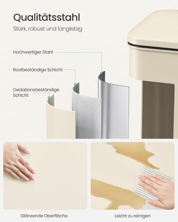 Відро для сміття SONGMICS 40 л, сталеве, з м'яким закриттям, з мішками, пісочно-бежеве (LTB540A02)