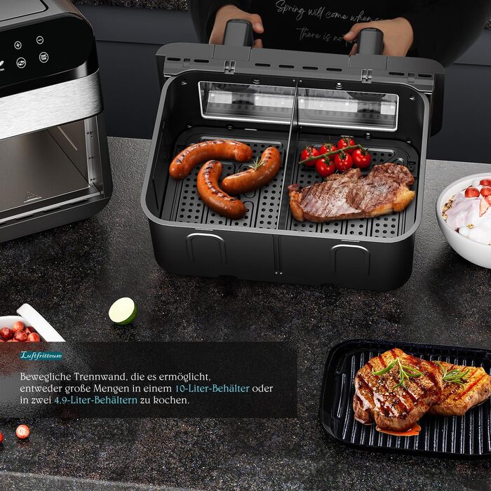 Фритюрниця повітряна з цифровим LED-дисплеєм, 10-в-1, 10 л. Зі скляним вікном, таймером та функцією здорового приготування без олії.