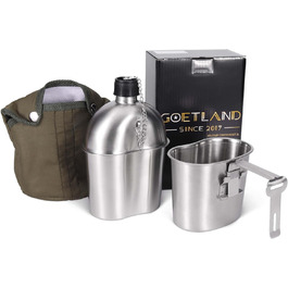 Goetland Stainless Steel US Military Field Bottle Set 1.2l with 0.6l Cup Nylon Bag Water Bottle Cooking Pot Camping Cup (1 Liter with 0.5 Liter)