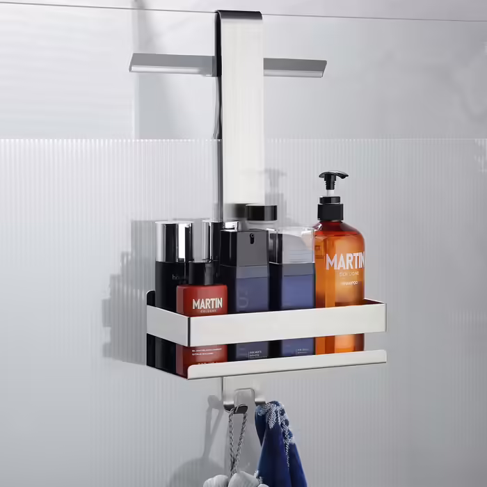 Cooeco Shower Shelf for Hanging - No-Drill Shower Shelf Stainless Steel Hanging Shower Caddy for Glass Shower Enclosure without Drilling, Shower Shelf Shampoo Holder with Hooks for Frameless Glass Shower Door