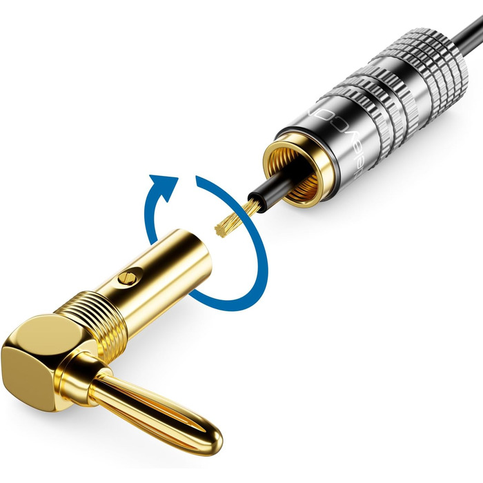 Набір бананових конекторів deleyCON 4 шт. 90° з позолотою, гвинтовий, для акустичних кабелів, 0,75-4,5 мм, Hi-Fi, домашній кінотеатр