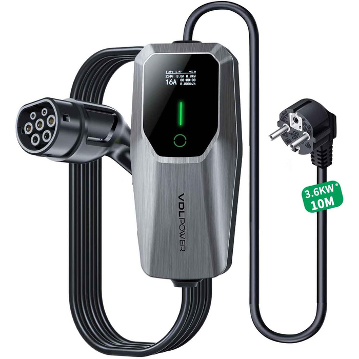 Кабель зарядки для електромобіля Type 2, 3.6KW, 6A-16A, LED дисплей, 10м, IP65, IEC 62196-2